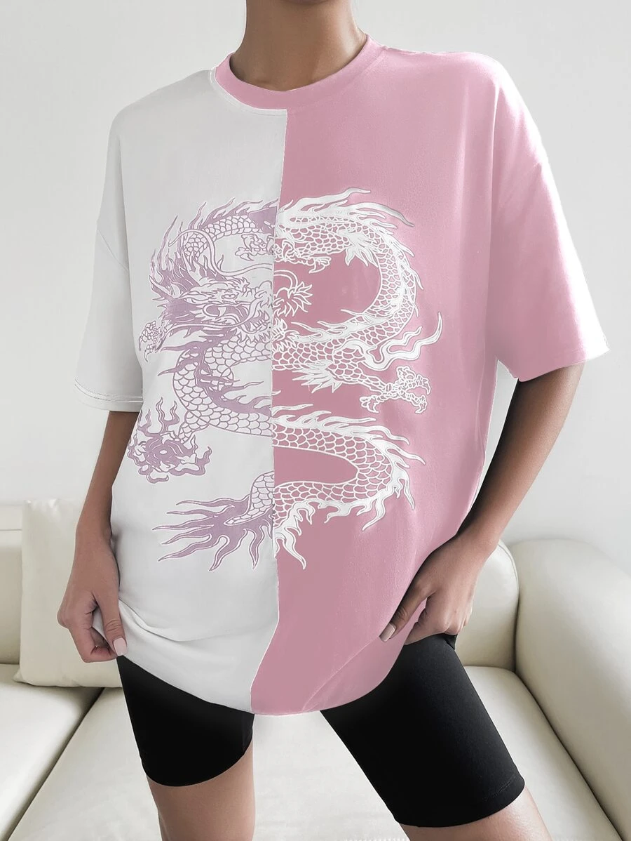 SHEIN Unity Chinese Dragon Graphic Two Tone Drop Shoulder Tee - Multicolor - View 1
