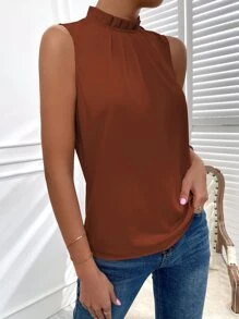 SHEIN Privé Frilled Neck Keyhole Back Blouse - Rust Brown - View 3