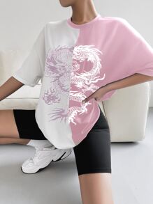 SHEIN Unity Chinese Dragon Graphic Two Tone Drop Shoulder Tee - Multicolor - View 3
