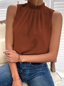 SHEIN Privé Frilled Neck Keyhole Back Blouse - Rust Brown - View 5