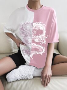 SHEIN Unity Chinese Dragon Graphic Two Tone Drop Shoulder Tee - Multicolor - View 4