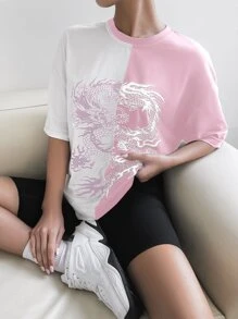 SHEIN Unity Chinese Dragon Graphic Two Tone Drop Shoulder Tee - Multicolor - View 5