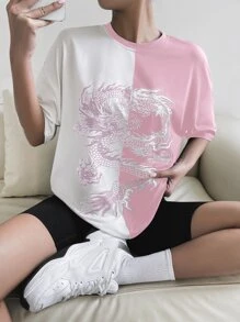 SHEIN Unity Chinese Dragon Graphic Two Tone Drop Shoulder Tee - Multicolor - View 6