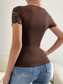 Chiquease Áo thun nữ Tương phản ren màu trơn Thanh lịch - Màu nâu Sô-cô-la - Xem 2