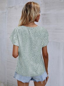 SHEIN Clasi Leopard Petal Sleeve Top - Mint Green - View 2
