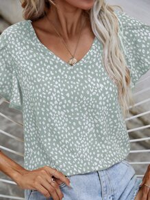SHEIN Clasi Leopard Petal Sleeve Top - Mint Green - View 3