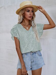SHEIN Clasi Leopard Petal Sleeve Top - Mint Green - View 4