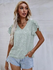 SHEIN Clasi Leopard Petal Sleeve Top - Mint Green - View 5