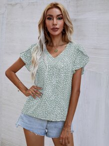 SHEIN Clasi Leopard Petal Sleeve Top - Mint Green - View 6