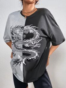 SHEIN Unity Chinese Dragon Graphic Two Tone Drop Shoulder Tee - Multicolor - View 3