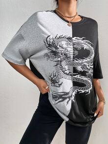 SHEIN Unity Chinese Dragon Graphic Two Tone Drop Shoulder Tee - Multicolor - View 5