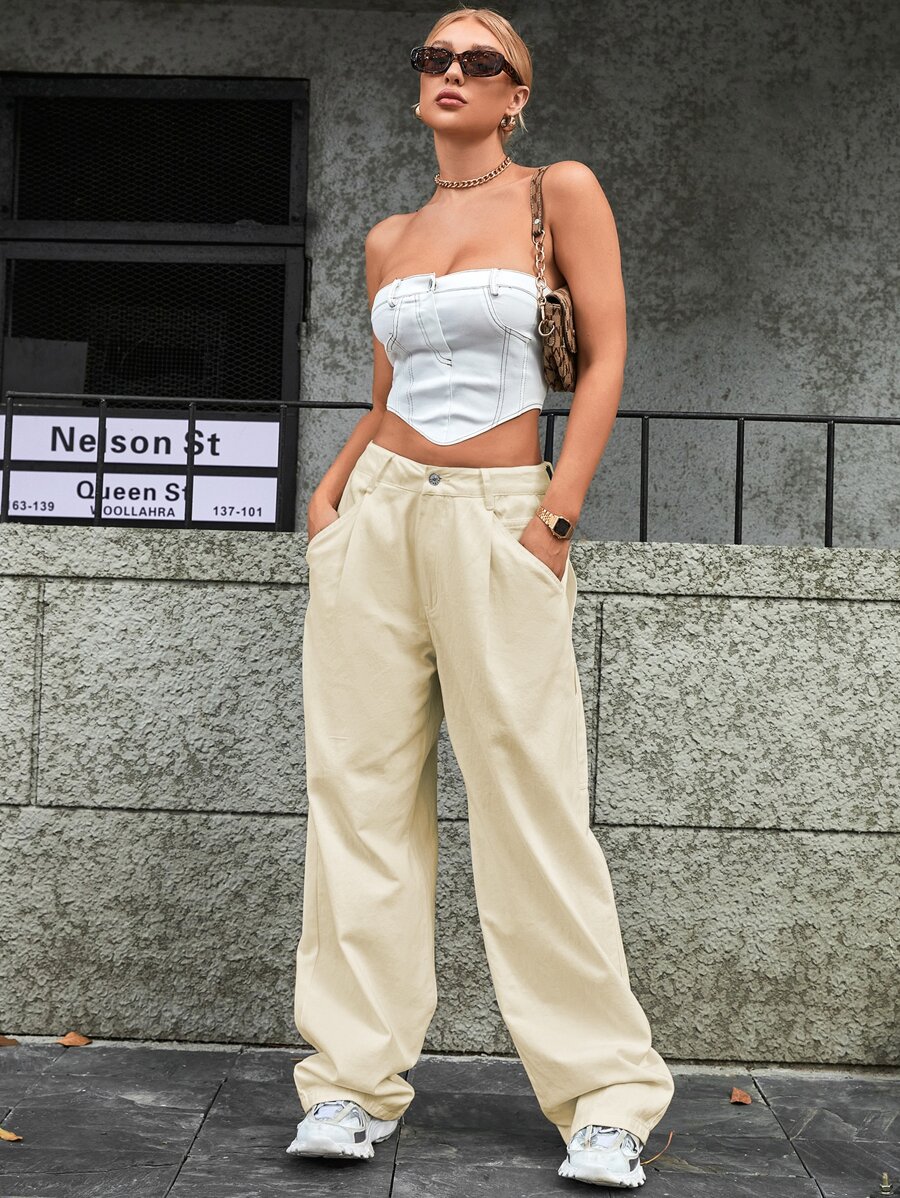 Jeans con bolsillo oblicuo de pierna ancha - Albaricoque - Ver 1