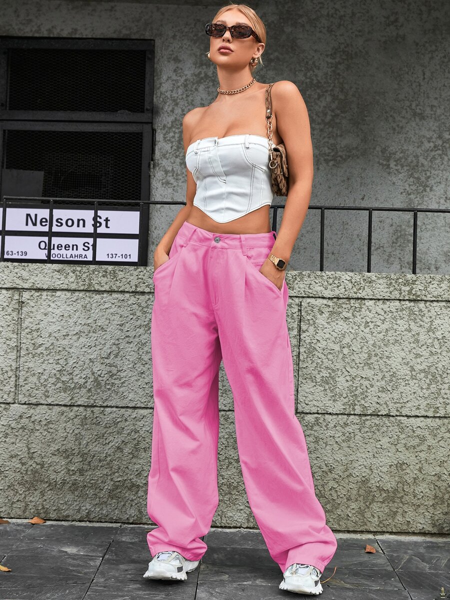 Jeans con bolsillo oblicuo de pierna ancha - Rosa - Ver 1