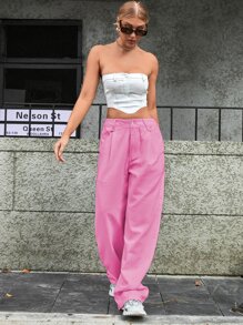 Jeans con bolsillo oblicuo de pierna ancha - Rosa - Ver 5