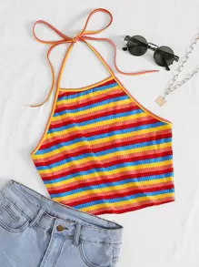 SHEIN VCAY Áo hai dây Plus Size Lộ Lưng Buộc lại Gân đan sọc cầu vồng Boho - Nhiều màu - Xem 1