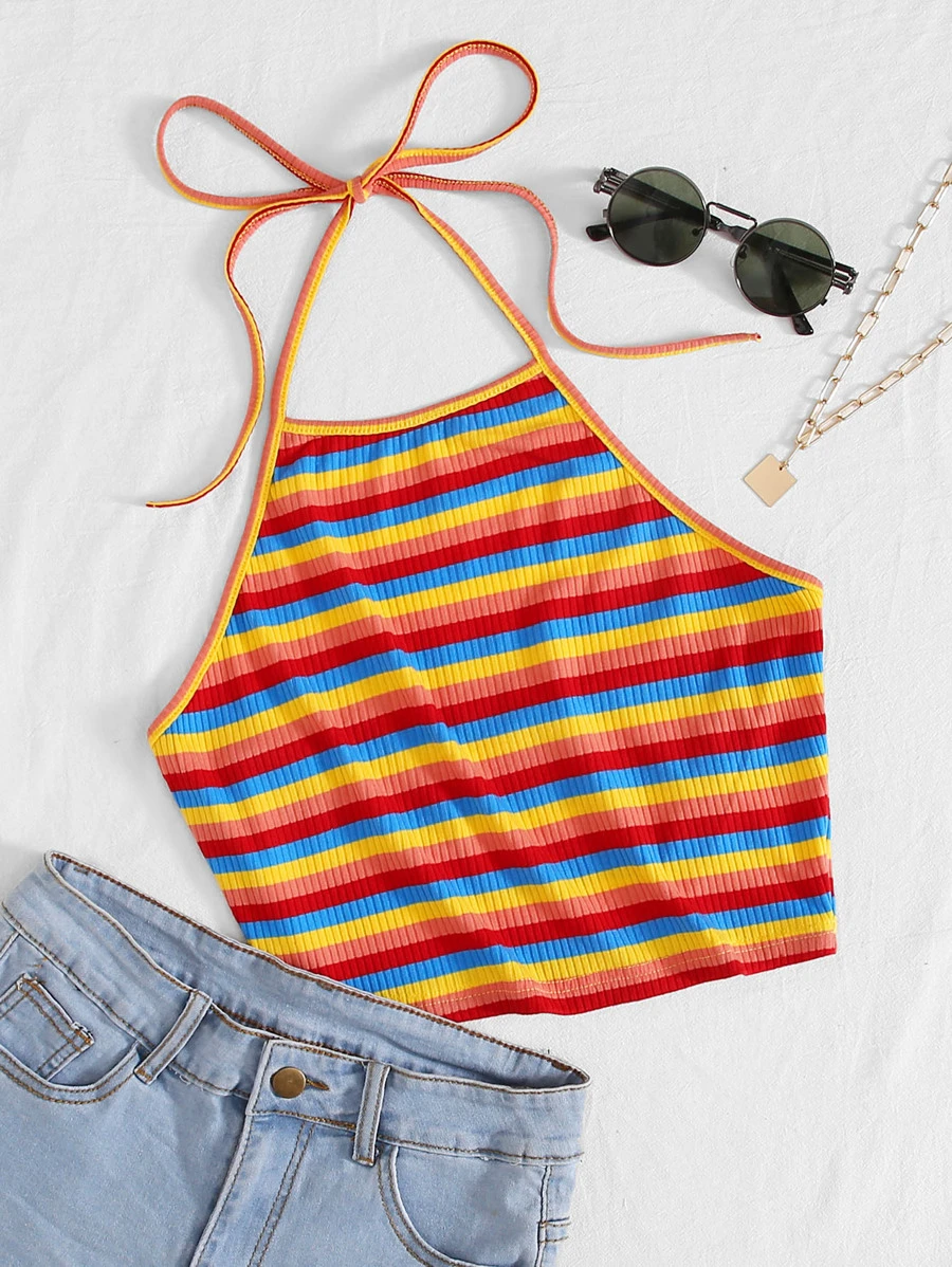 SHEIN VCAY Áo hai dây Plus Size Lộ Lưng Buộc lại Gân đan sọc cầu vồng Boho - Nhiều màu - Xem 1