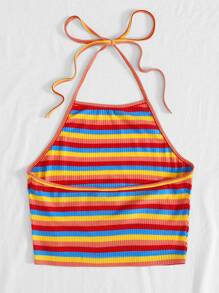 SHEIN VCAY Áo hai dây Plus Size Lộ Lưng Buộc lại Gân đan sọc cầu vồng Boho - Nhiều màu - Xem 2