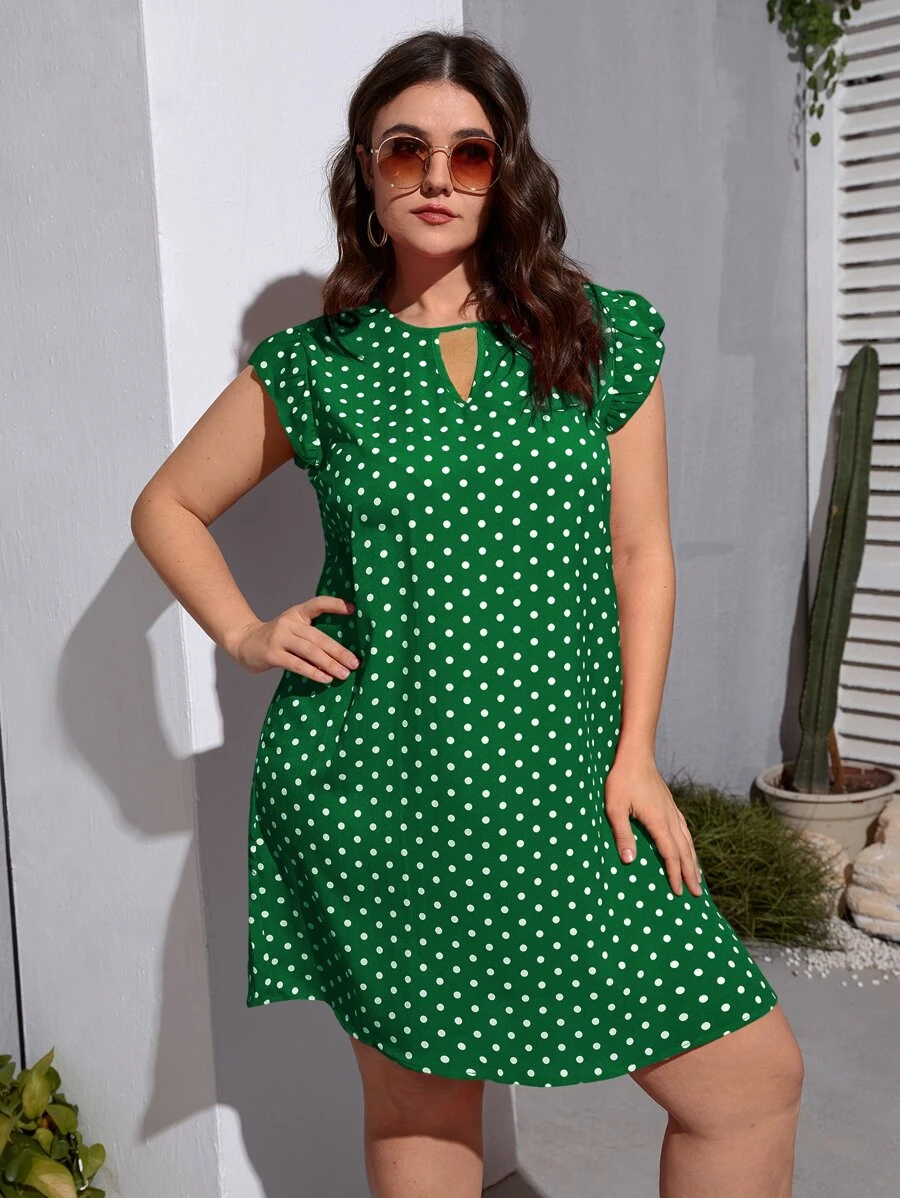 SHEIN VCAY Plus Size Boho Polka Dot Print Keyhole Neckline Butterfly Sleeve Dress, For Summer - Green - View 1