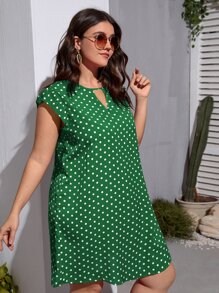 SHEIN VCAY Plus Size Boho Polka Dot Print Keyhole Neckline Butterfly Sleeve Dress, For Summer - Green - View 5