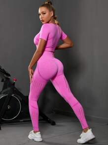 Yoga Basic Seamless Wide Waistband Sports Set - Hot Pink - View 2