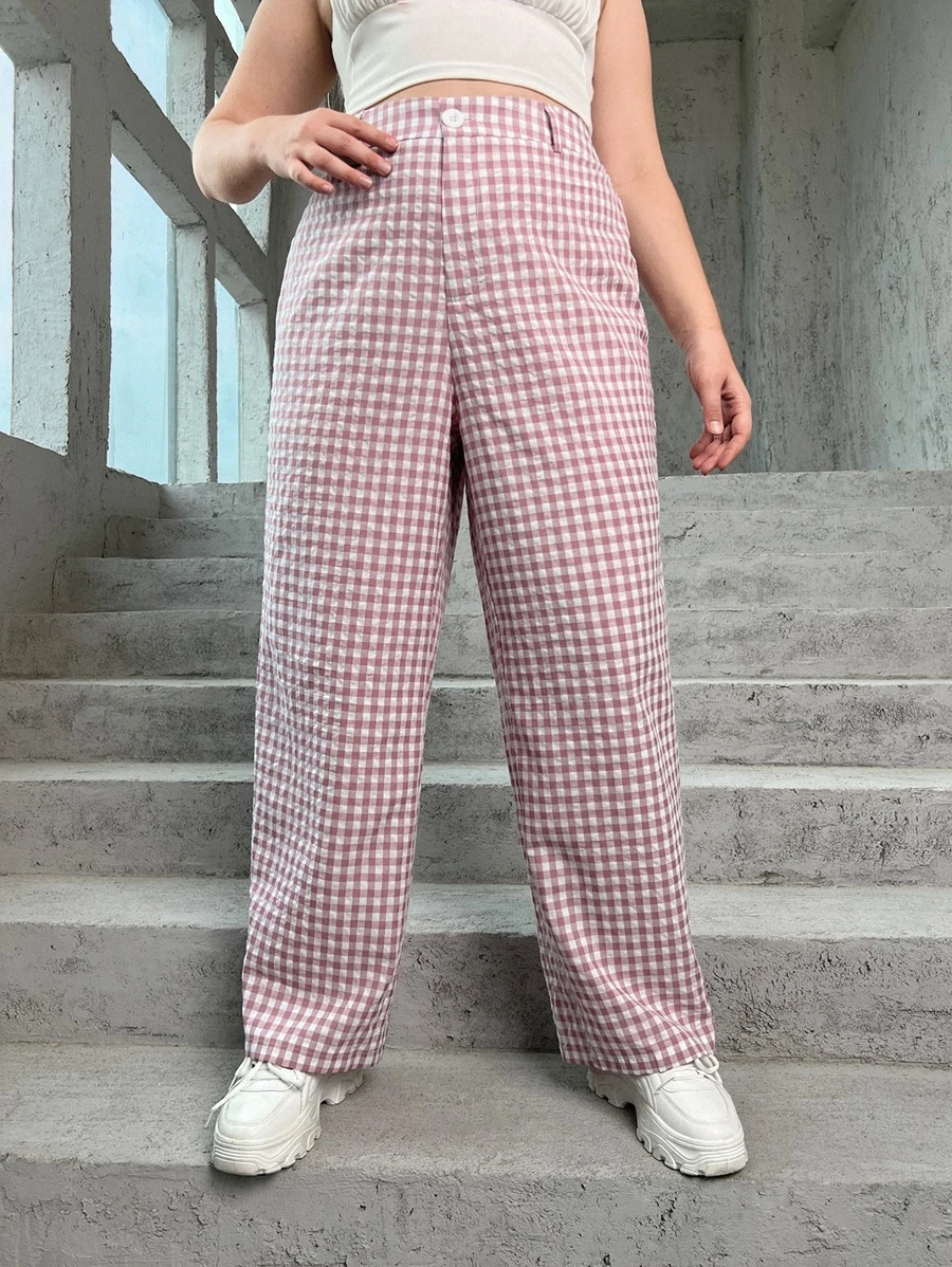 SHEIN Qutie Spodnie Rozmiar Plus Guziki Gingham Casual