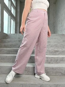 SHEIN Qutie Spodnie Rozmiar Plus Guziki Gingham Casual