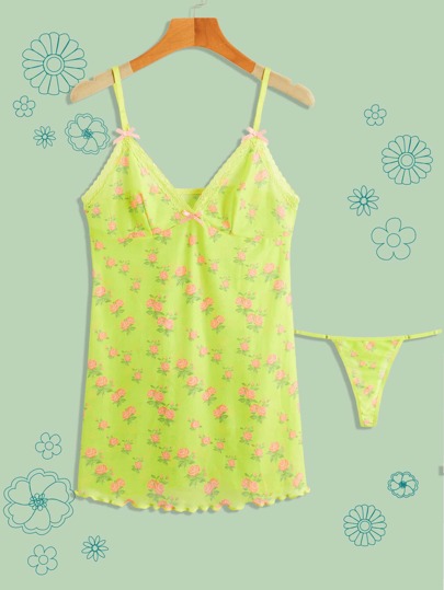 Floral Print Contrast Lace Babydoll & Thong