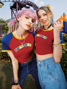 ROMWE Street Life 1 pieza Camiseta corta de color combinado con estampado de letra - Multicolor - Ver 2