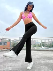 SHEIN EZwear Solid Wideband Waist Flare Leg Trousers - Black - View 2