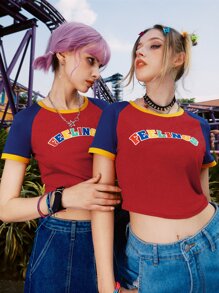 ROMWE Street Life 1 pieza Camiseta corta de color combinado con estampado de letra - Multicolor - Ver 3