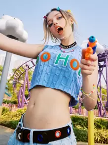 ROMWE Street Life 80s Letter Embroidery Cable Knit Sweater Vest - Blue - View 5