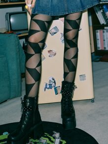 ROMWE Street Life Geo Print Tights - Black - View 1