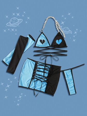 Street Life طقم ملابس داخلية بطباعة قلب ألوان متباينة شريط متباين رباط سلسلة 5 قطع