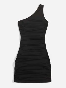Chiquease One Shoulder Ruched Bodycon Dress - Black - View 2