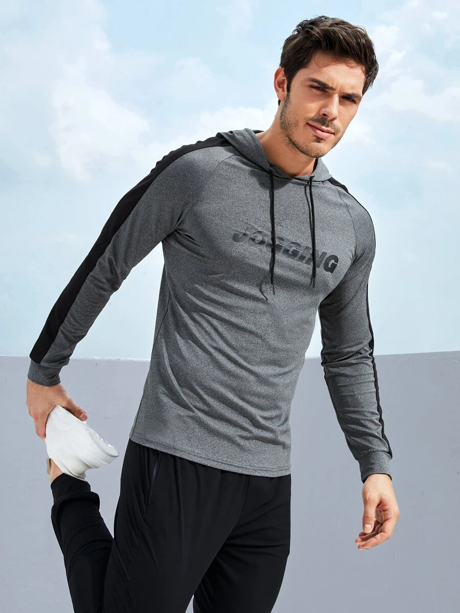 Men Letter Graphic Drawstring Hooded Sports Sweatshirt - Grey - View 1