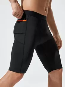 Fitness Men Contrast Trim Sports Tights With Phone Pocket - Black - View 1