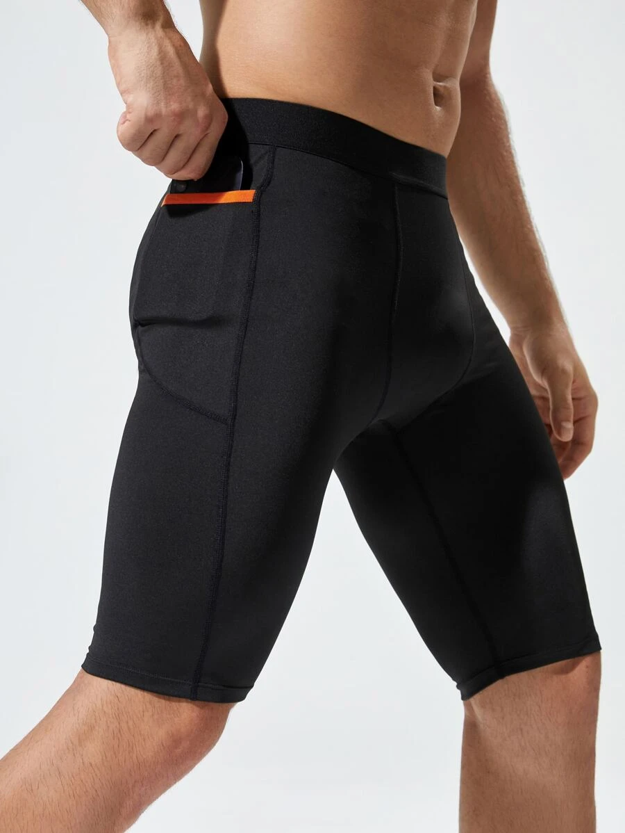 Fitness Men Contrast Trim Sports Tights With Phone Pocket - Black - View 1