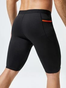 Fitness Men Contrast Trim Sports Tights With Phone Pocket - Black - View 2