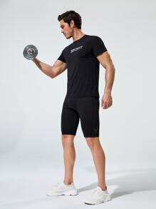 Fitness Men Contrast Trim Sports Tights With Phone Pocket - Black - View 3