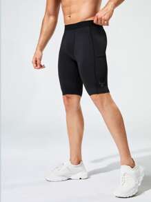 Fitness Men Contrast Trim Sports Tights With Phone Pocket - Black - View 4