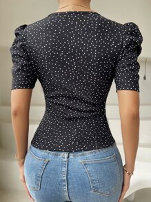 Chiquease Áo thun crop top tay bồng chấm bi cổ tròn họa tiết áo thun nữ - màu đen - Xem 2