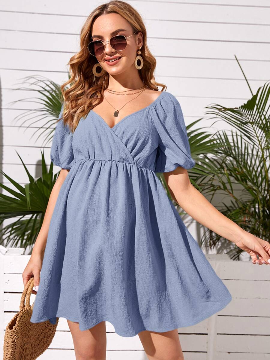 SHEIN Maternity Solid Puff Sleeve Dress - Dusty Blue - View 1