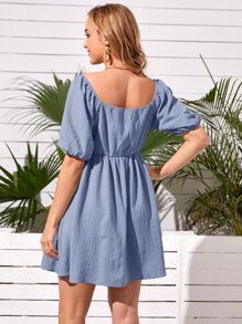 SHEIN Maternity Solid Puff Sleeve Dress - Dusty Blue - View 2