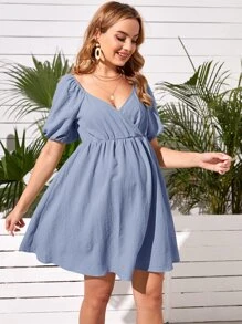 SHEIN Maternity Solid Puff Sleeve Dress - Dusty Blue - View 4
