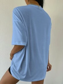 Flirla Drop Shoulder Letter Embroidery Top Graphic Tees Women Tops - Baby Blue - View 2