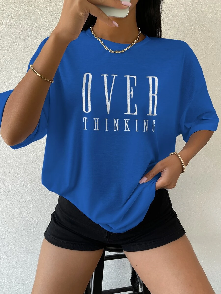 SHEIN Unity Drop Shoulder Letter Embroidery Top - Royal Blue - View 1