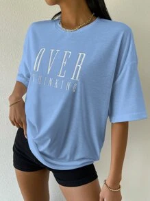 Flirla Drop Shoulder Letter Embroidery Top Graphic Tees Women Tops - Baby Blue - View 4