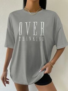 SHEIN Unity Drop Shoulder Letter Embroidery Top - Light Grey - View 3