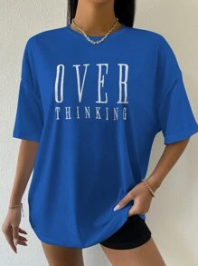 SHEIN Unity Drop Shoulder Letter Embroidery Top - Royal Blue - View 3