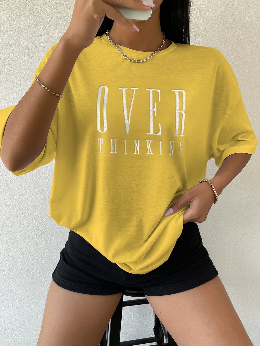 SHEIN Unity Drop Shoulder Letter Embroidery Top Graphic Tees Women Tops - Yellow - View 1